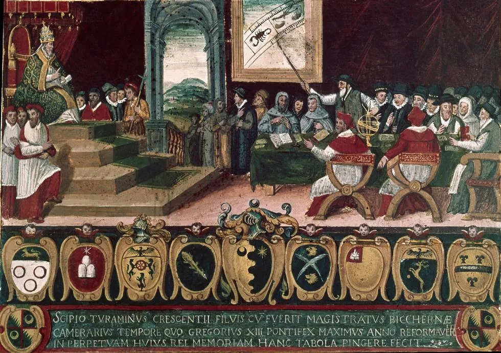 Renaissance painted panel showing Pope Gregory XIII enthroned while scholars debate calendar reform around a table, above a row of coats of arms