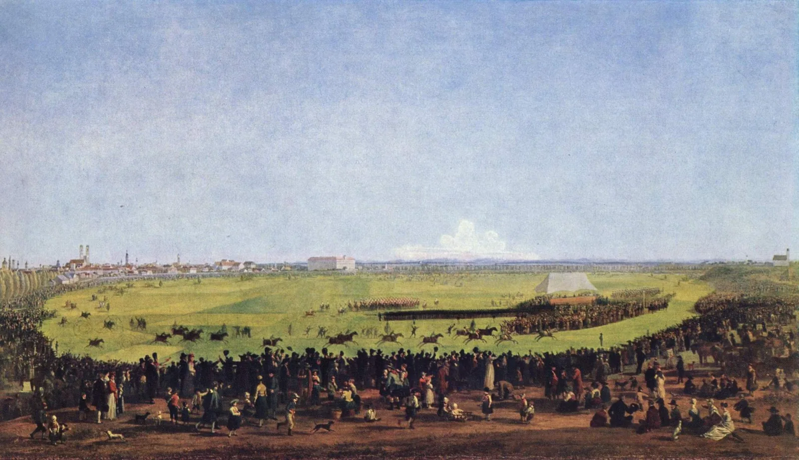 Painting of crowds watching a horse race on a wide green meadow, with the towers of Munich on the horizon