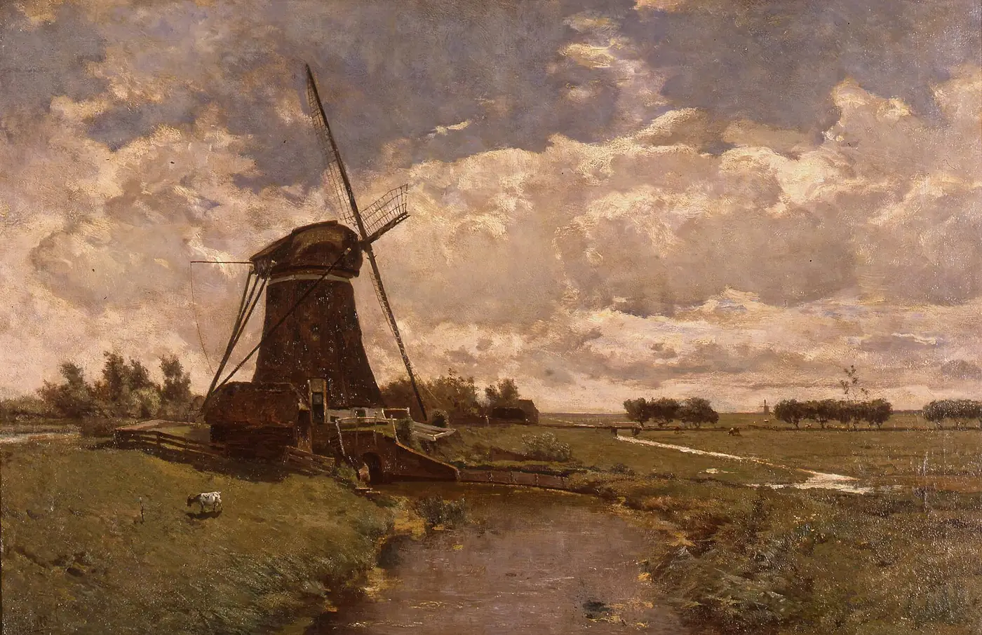Painting of a Dutch drainage windmill beside a ditch in a flat green polder under a cloudy sky